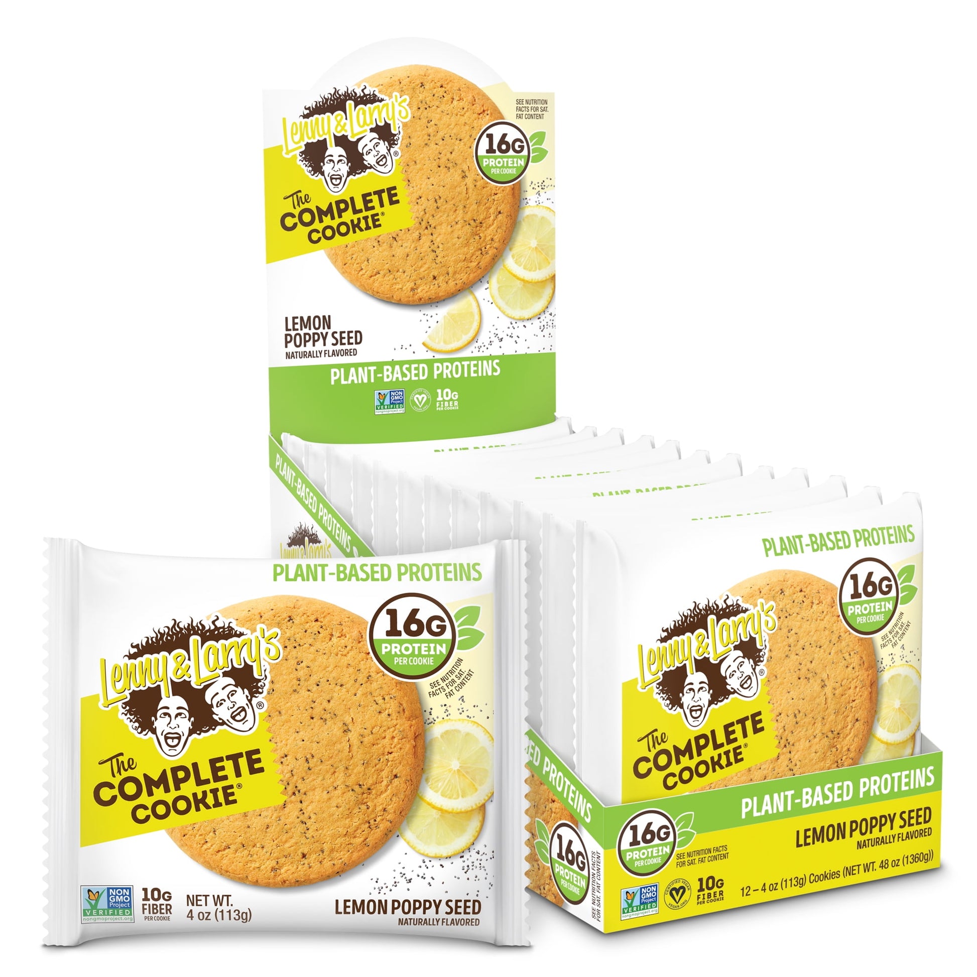 Lenny & Larry's The Complete Cookie® offers you a convenient source of plant-based proteins and a healthy cookie that taste downright delicious. Refreshing from start to finish, our plant-based protein Lemon Poppy Seed Complete Cookie combines sweet and tart flavors for a lemony treat. Soft and chewy with lots of lemon and zest, this Certified Vegan protein cookie provides a delightful tang that is perfectly matched with the delicate crunch of poppy seeds. The Complete Cookie® includes Non-GMO Project Verif