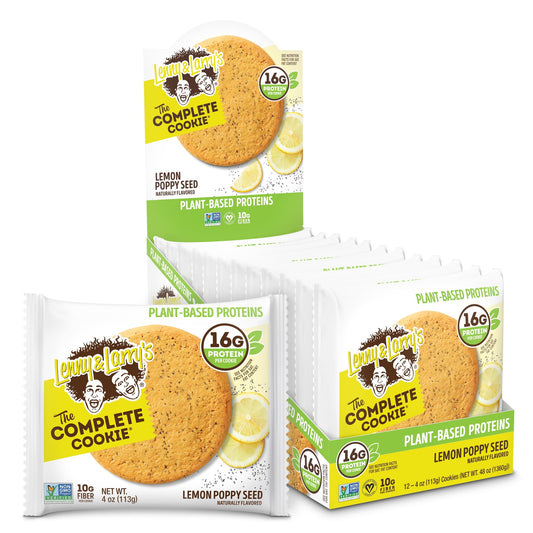 Lenny & Larry's The Complete Cookie® offers you a convenient source of plant-based proteins and a healthy cookie that taste downright delicious. Refreshing from start to finish, our plant-based protein Lemon Poppy Seed Complete Cookie combines sweet and tart flavors for a lemony treat. Soft and chewy with lots of lemon and zest, this Certified Vegan protein cookie provides a delightful tang that is perfectly matched with the delicate crunch of poppy seeds. The Complete Cookie® includes Non-GMO Project Verif