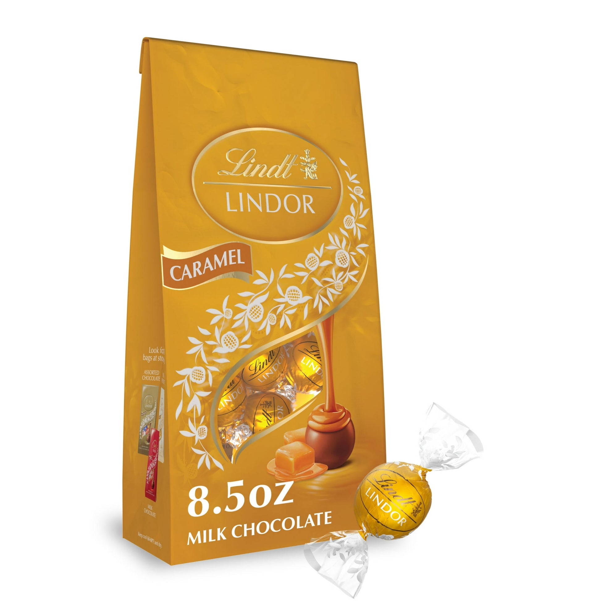 Experience smooth, sweet indulgence with Lindt LINDOR Caramel Milk Chocolate Truffles. Give these chocolate caramel truffles as a milk chocolate candy gift to someone special. Save your Lindt LINDOR Chocolate Truffles for yourself to get through the midday slump or with your after-dinner drink of choice. With a delicate milk chocolate shell and a luscious, smooth melting truffle center, this recipe combines classic milk chocolate flavor with the deliciously sweet taste of caramel. These individually wrapped