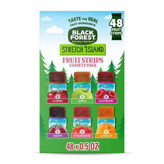 Black Forest Stretch Island Fruit Strips add fruity goodness to your day. Savor the fruity flavor in our simple fruit strip; it has a soft texture for the perfect bite and zero grams of added sugar. These non-GMO fruit strips are made with colors and flavors from real sources. This variety pack includes 48 individually wrapped 0.5 ounce fruit strips in six flavors: cherry, apple, raspberry, grape, strawberry, and apricot. They’re great to keep on hand in the family snack box or pantry for lunchbox snacks or