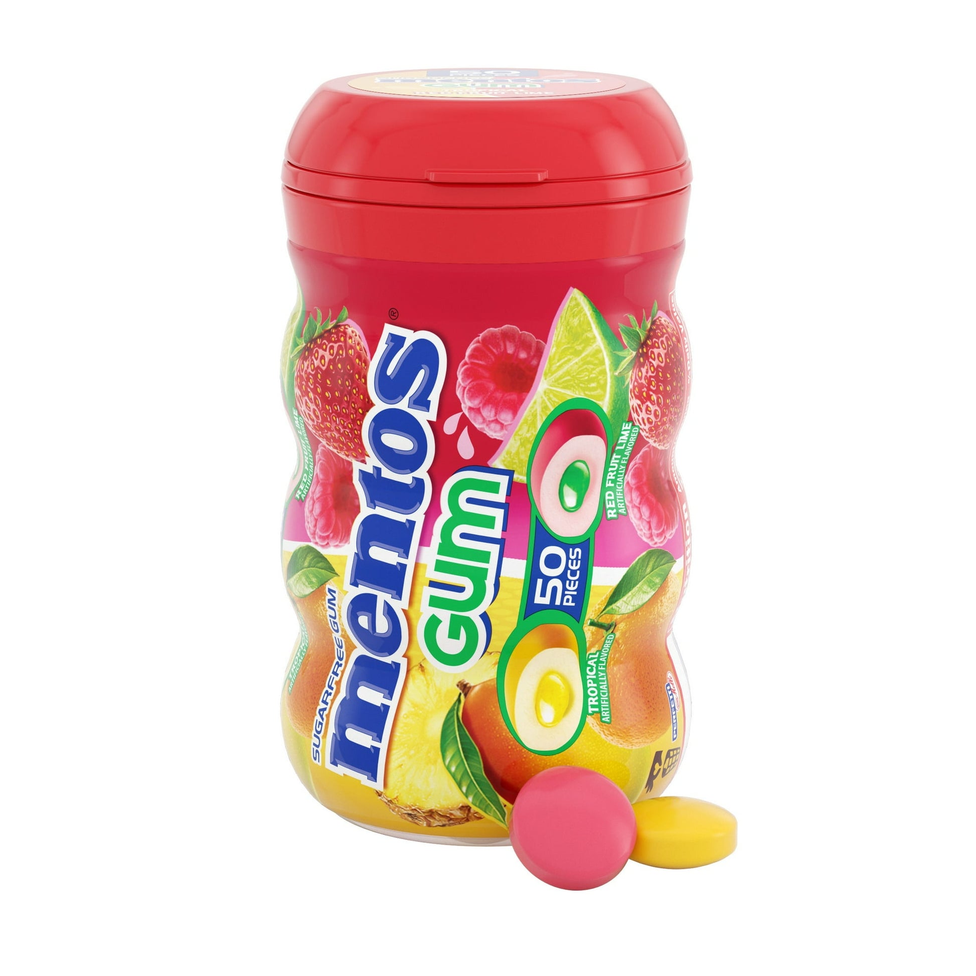 Have a fresh day with Mentos Red Fruit Lime Tropical chewing gum! Each piece of this sugar-free, Red Fruit Lime Tropical flavored gum gives you a blast of fruity fresh flavor that lasts chew after chew. Sugar-free for a guilt-free flavor sensation! Chewing gum with xylitol may reduce the risk of tooth decay. Mentos chewing gum contains more xylitol than the leading sugar-free chewing gum brand. The Mentos curvy bottle is perfect to keep at your desk, in your car, at home or anywhere you may want some freshn