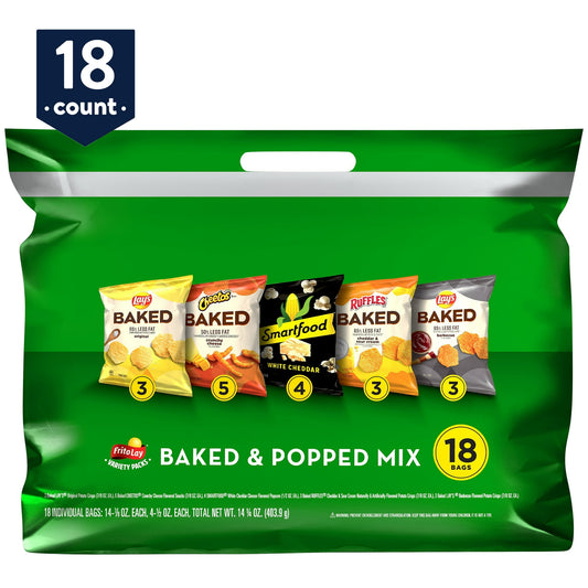 From summer barbecues to family gatherings to time spent relaxing at the end of a long day, Frito-Lay snacks are part of some of life's most memorable moments. And maybe even brightens some of the most mundane. Baked Lay's Original Potato Crisps has 65% less fat than regular potato chips. Fat content of regular potato chips is 10g per 1 oz. serving; fat content of these snacks is 3.5g per 1 oz. serving. This package contains three 0.875 oz. bags. Baked Cheetos Crunchy Cheese Flavored Snacks has 50% less fat