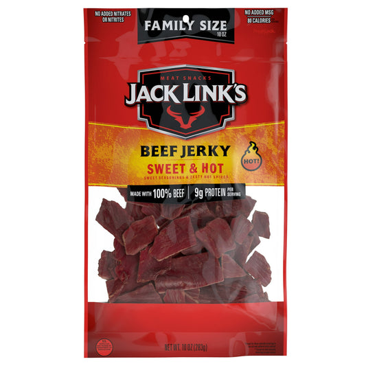 Fulfill all your cravings with our instant classic Sweet & Hot Beef Jerky. We use a delicious mix of brown sugar, fiery red chili peppers, and other flavorful ingredients to season our lean beef. Then, we slow cook and smoke every slice until they reach the perfect tenderness that makes our beef jerky easy to chew. This mouthwatering jerky is made with 100% beef and slow smoked until our meat reaches the tenderness you know and love from Jack Link’s. Enjoy the satisfying flavor of our devilishly daring snac