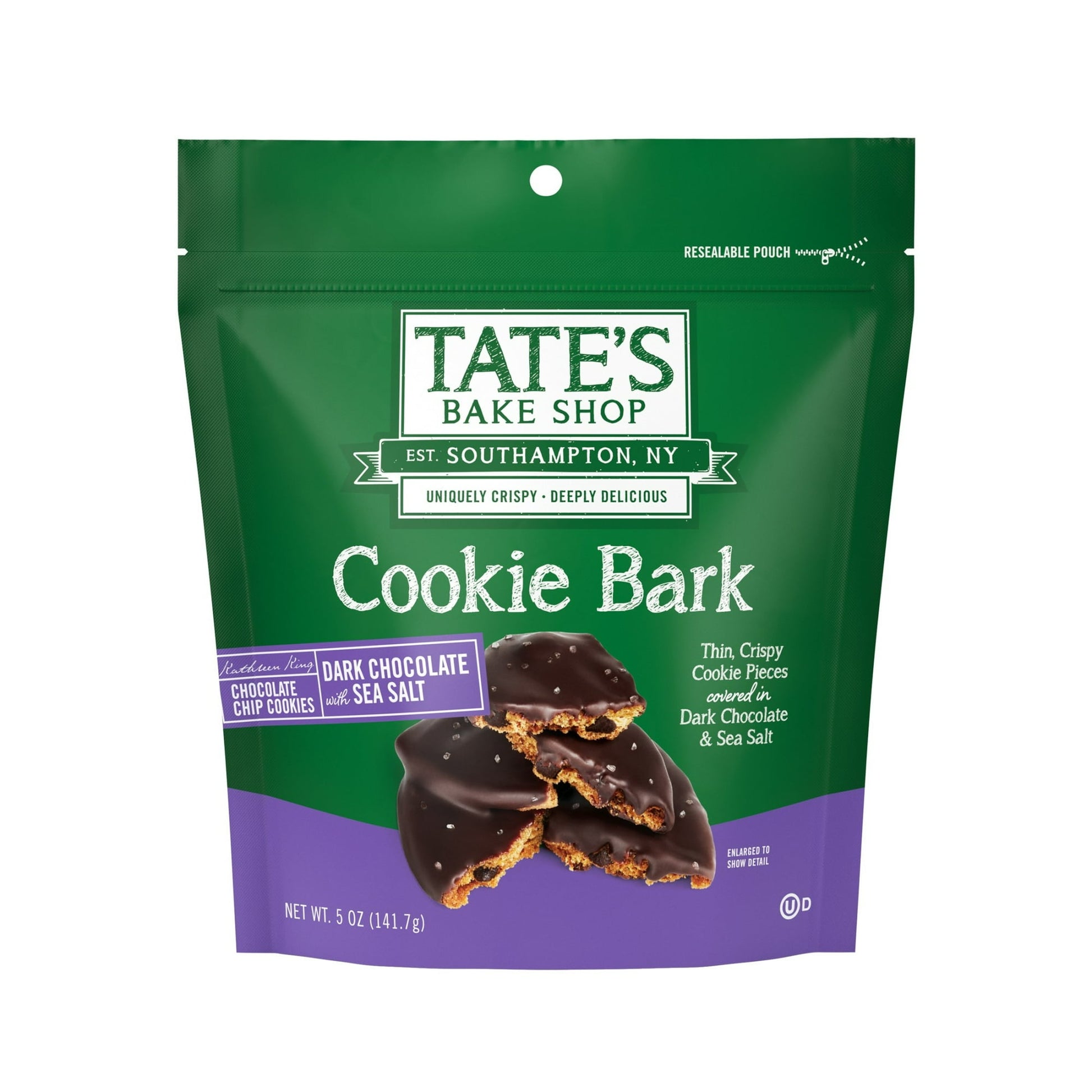 Treat yourself to a bake shop quality snack with Tate's Bake Shop Cookie Bark. Made with thin, crispy pieces of chocolate chip cookies covered in dark chocolate and sea salt, these kosher snack cookies bark are a delightful, sweet treat for any occasion. Savor the entire bark cookies bag for yourself or share it with friends as a unique gift.