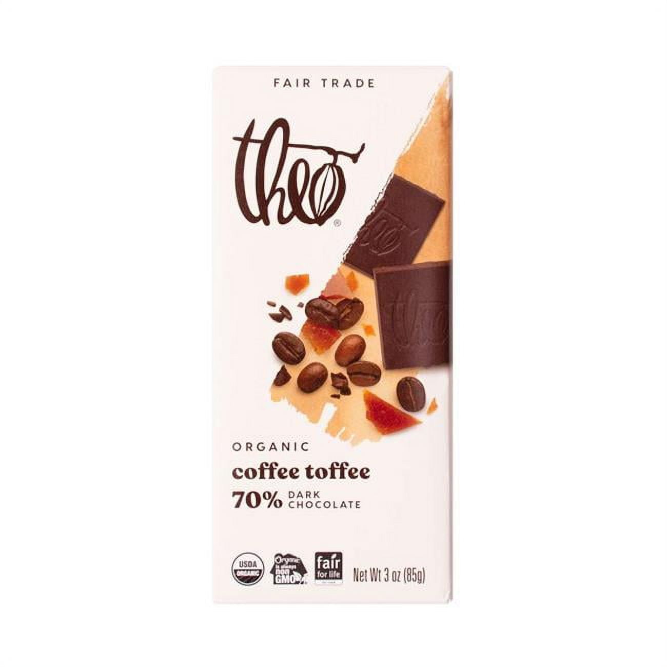 Theo Chocolate has been making high-quality chocolate from scratch - from cocoa bean to chocolate bar - since 2006. By sourcing organic and fair trade certified cocoa beans from farmers in the Democratic Republic of Congo and Peru, we invite everyone to discover how we can make this world better through delicious chocolate. Coffee perks up your body. Chocolate perks up your soul. Theo Coffee Toffee 70% Dark Chocolate bar combines these two delicious flavors combine with a delightful toffee crunch. It starts