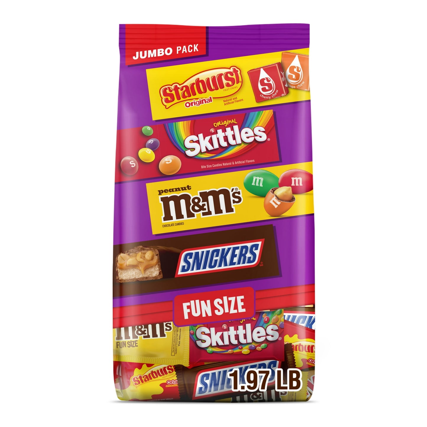 Enjoy the classic combination of rich milk chocolate and delicious fruit flavors in this jumbo variety pack of SNICKERS, SKITTLES, STARBURST & M&M'S Milk Chocolate candy assortment. This bulk candy bag contains individually wrapped fun size packs of SNICKERS Original chocolate bars, STARBURST Original Fruit Chews, M&M'S Milk Chocolate Peanut, and SKITTLES Original chewy candies. Ideal for parties, movie nights, incorporating into dessert recipes, or as a sweet afternoon treat, this assorted bulk candy mix i