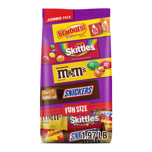 Enjoy the classic combination of rich milk chocolate and delicious fruit flavors in this jumbo variety pack of SNICKERS, SKITTLES, STARBURST & M&M'S Milk Chocolate candy assortment. This bulk candy bag contains individually wrapped fun size packs of SNICKERS Original chocolate bars, STARBURST Original Fruit Chews, M&M'S Milk Chocolate Peanut, and SKITTLES Original chewy candies. Ideal for parties, movie nights, incorporating into dessert recipes, or as a sweet afternoon treat, this assorted bulk candy mix i