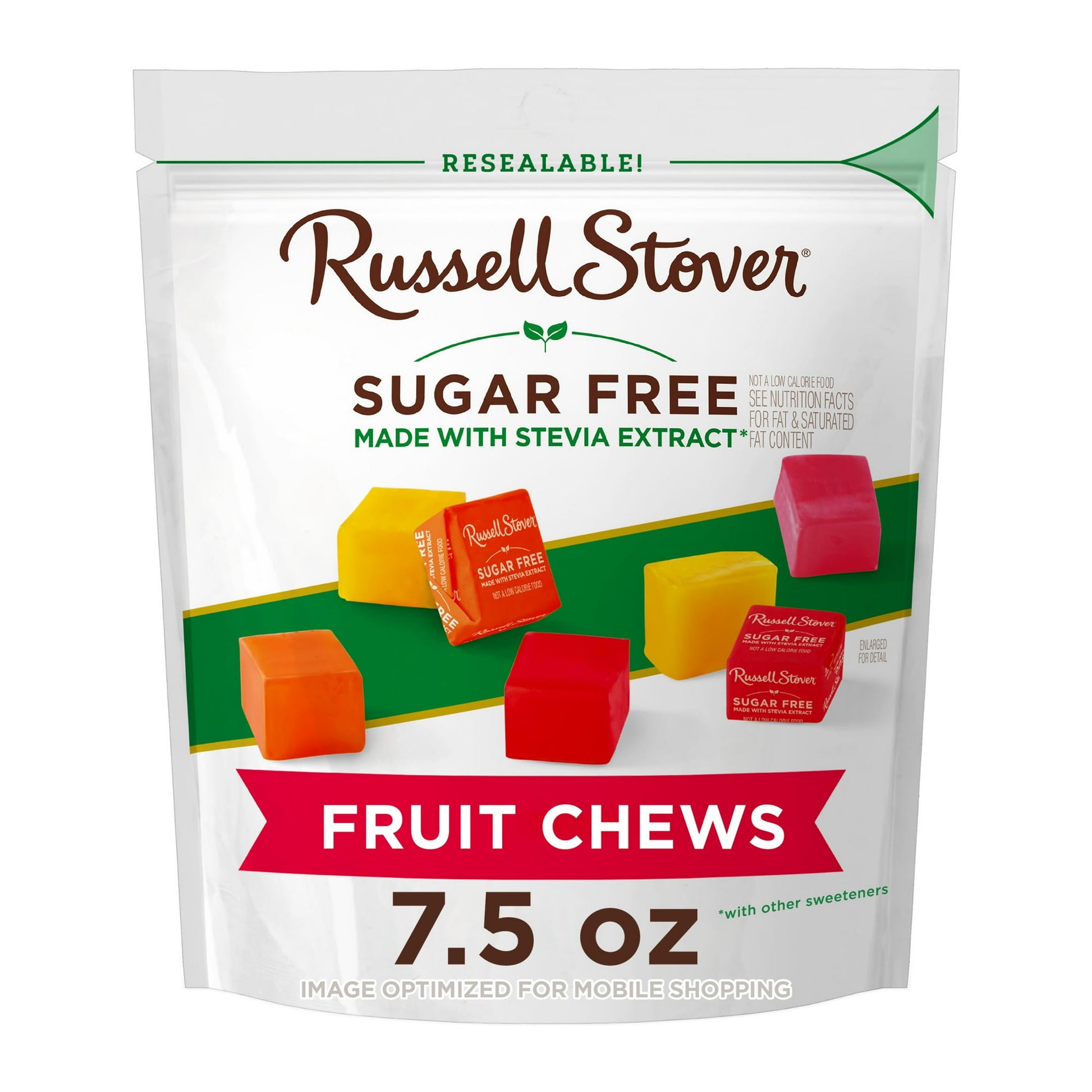 RUSSELL STOVER Sugar Free Fruit Chews Candy, 7.5 oz. bag, will be your favorite sugar free snack! Each chewy piece is individually wrapped and comes in four sweet, fruity flavors: cherry, strawberry, lemon and orange. Made with Stevia extract, a plant-based sweetener, these delicious candies deliver the sweetness you crave without any added sugar. Share them with friends and loved ones, gift them thoughtfully, or simply enjoy guilt-free snacking by filling up your candy bowl. Whether you're at home or on th