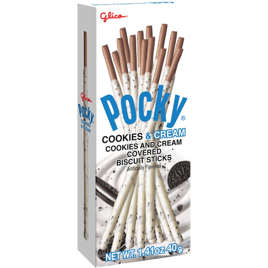 Share happiness with Glico Pocky Cookies and Cream Covered Biscuit Sticks. Cookies and cream is another delicious line of flavor introduced by Pocky. The harmonious balance of salt and sweet of this snack blends well together and delivers an incredible and exciting experience. The biscuit stick is crispy that acts as a crunchy shell, which is coated with the delectable flavor of cookies and cream. A snack that is perfectly balanced with a unique twist of salt and sweet in addition to a crunchy texture is ra