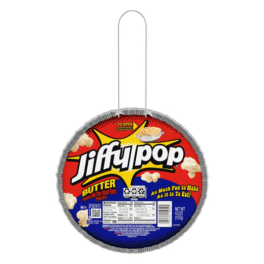 With a self-contained stovetop popping pan, JIFFY POP is just as much fun to make as it is to eat. Purchase JIFFY POP Butter-Flavored Popcorn for that fresh, homemade taste and stove-popping experience that brings everyone together. Made using the finest corn kernels, JIFFY POP creates the ultimate popping experience for your camping trips or afternoon snacks. Quickly prepare on a gas range, electric range or camp stove by placing on the burner and shaking back and forth until foil is fully expanded, approx