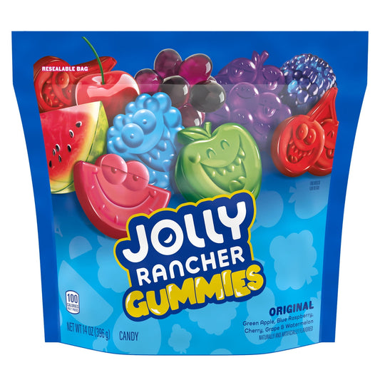 A mix of five fruity favorites for the whole family in just one bag of chewy gummies? You wouldn't have thought it possible if you didn't know JOLLY RANCHER candy. This bag of fruit flavored gummies offers fun, flavorful fruit shapes each member of the family will be happy to choose from. Featuring blue raspberry, green apple, cherry, grape and watermelon flavors, JOLLY RANCHER gummies offer a combination of the undisputed original flavor classics you know and love. Keep a bag with you on the go so you can 