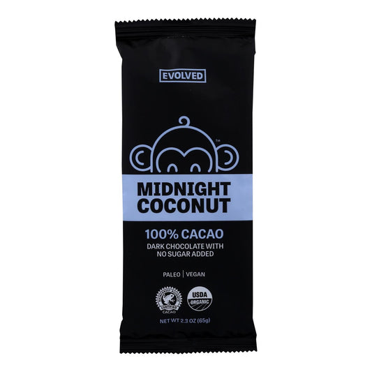 EATING EVOLVED PRIMAL CHOCOLATE IN MIDNIGHT COCONUT PROVIDES ALL THE HEALTH BENEFITS OF DARK CHOCOLATE WITHOUT ANY OF THE SUGAR. ENJOY THE DECADENT COMBINATION OF CHOCOLATE AND COCONUT IN A BAR THAT CONTAINS JUST THREE INGREDIENTS: ORGANIC CACAO, ORGANIC CACAO BUTTER AND ORGANIC COCONUT. THIS 2.3 OZ. BAR IS SUITABLE FOR PALEO AND VEGAN DIETS.