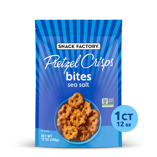 Get a taste of Sea Salt Snack Factory Pretzel Crisps Bites. Thin pretzels with a crispy crunch and a delicious sprinkling of sea salt. Snack Factory Pretzel Crisps Bites are bite-sized, incredibly snackable and perfectly poppable, right out of the bag. Keep these Sea Salt pretzels on hand for a convenient anytime snack with a crispy crunch. Like our Original Snack Factory Pretzel Crisps, these bite-sized snacks are baked with quality ingredients and they are Non-GMO Project Verified. Snack Factory Pretzel C