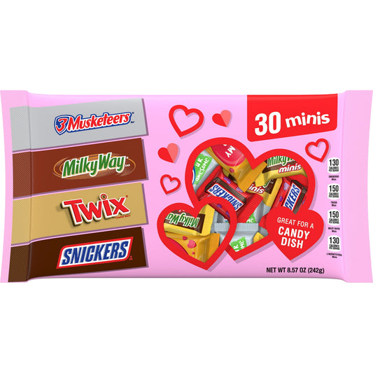 Chocolate and Valentine's Day are the perfect match. Show your love this Valentine's Day with this Mars Mixed 8.57 ounce milk chocolate bar variety bag - it's a delicious way to say "I love you" to those who matter most. Each bag is filled with 30 pieces of miniature milk chocolate classics of SNICKERS, TWIX, MILKY WAY, and 3 MUSKETEERS Candy Bars. Not only great for Valentine's Day party favors or filling your heart-shaped candy bowl at the office, use this variety bag to give your loved ones a tasty perso