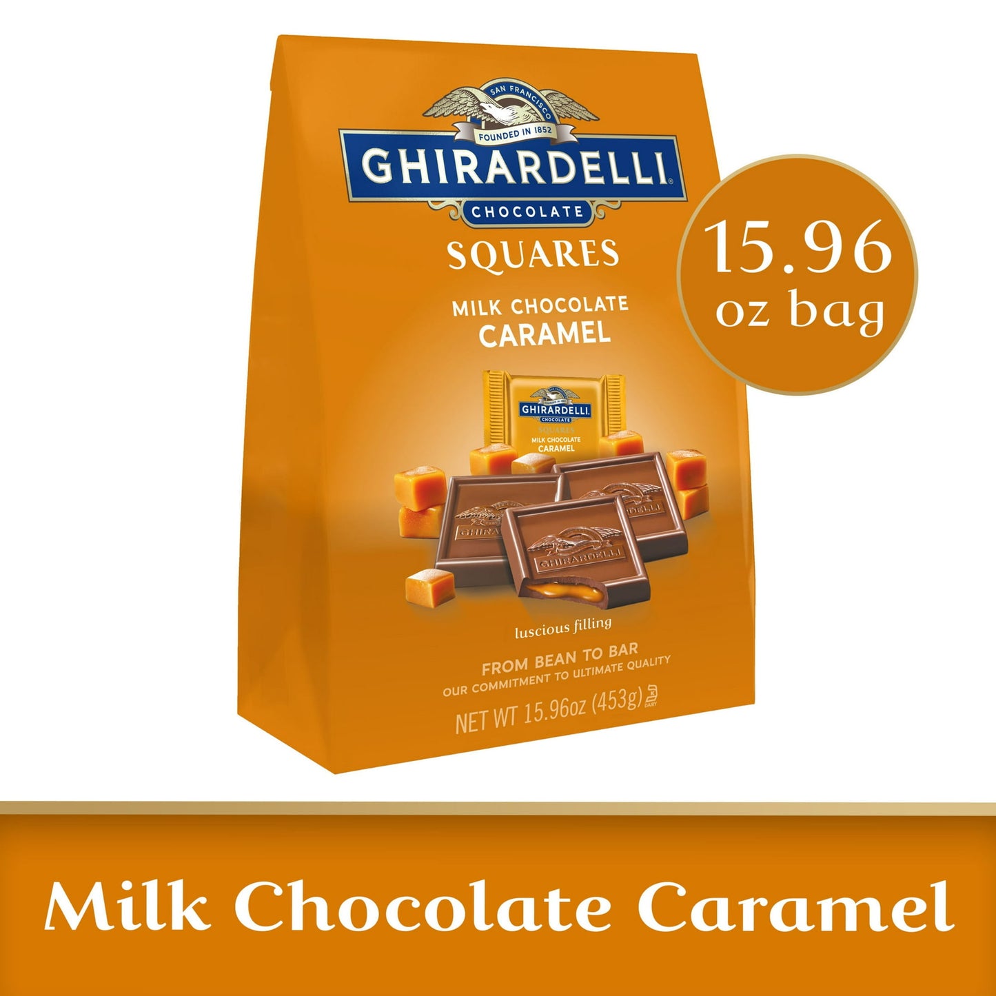 Unwrap Ghirardelli Milk Chocolate Squares with Caramel Filling for moments of luxurious indulgence. Ghirardelli Squares add a sweet touch to your day on their own and offer a delicious twist to s'mores and other desserts for something special. Share the sweet moments of joy and delight with someone close to your heart when you give these chocolate caramel candy squares as a gift. Luscious caramel fills the slow-melting, creamy milk chocolate for pure bliss in every square. Individually wrapped chocolate squ