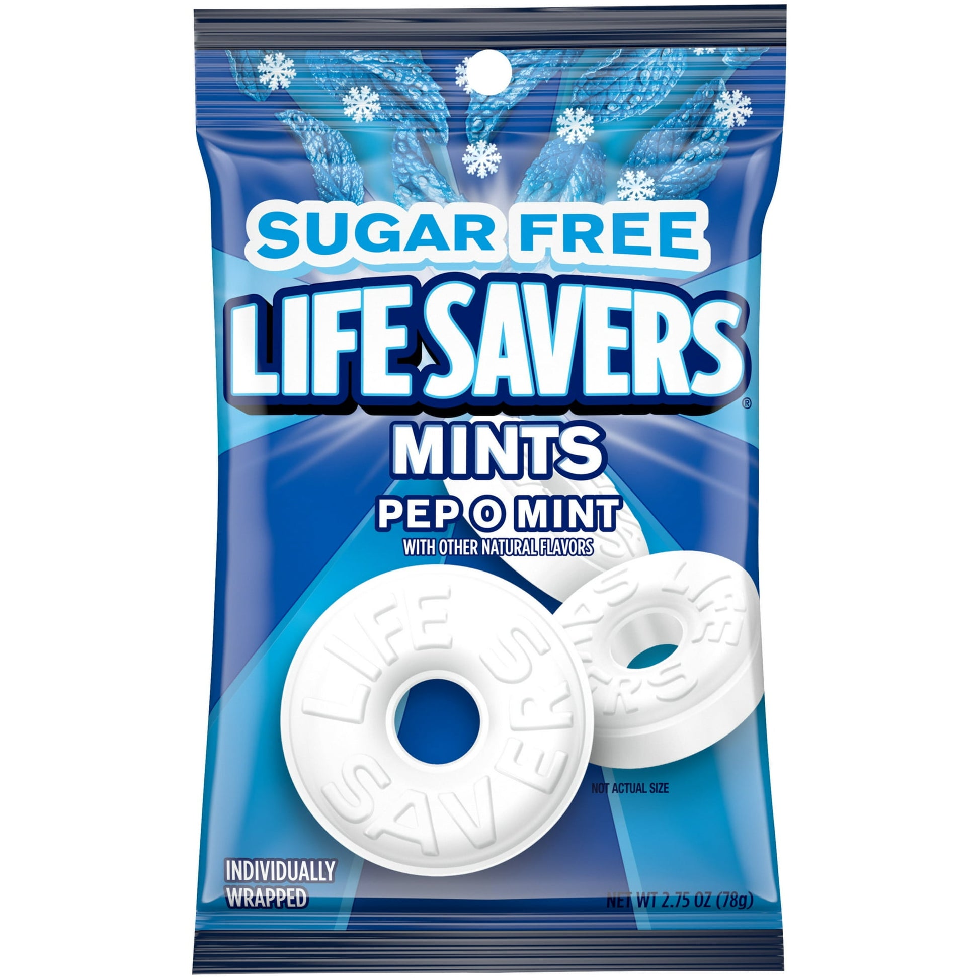 Why go to great lengths for fresh breath when just one LIFE SAVERS Pep-O-Mint provides the fresh, peppermint taste you need to refresh your day? This iconic blue bag of peppermint-flavored sugar free hard-candy mints is ideal for freshening your breath after morning coffee or as a sweet refreshing treat in the afternoon. Stash a few at your desk or, better yet, become the office champion and share individually wrapped LIFE SAVERS Mints with those in need. So why wait? Add LIFE SAVERS Pep-O-Mint Sugar Free B