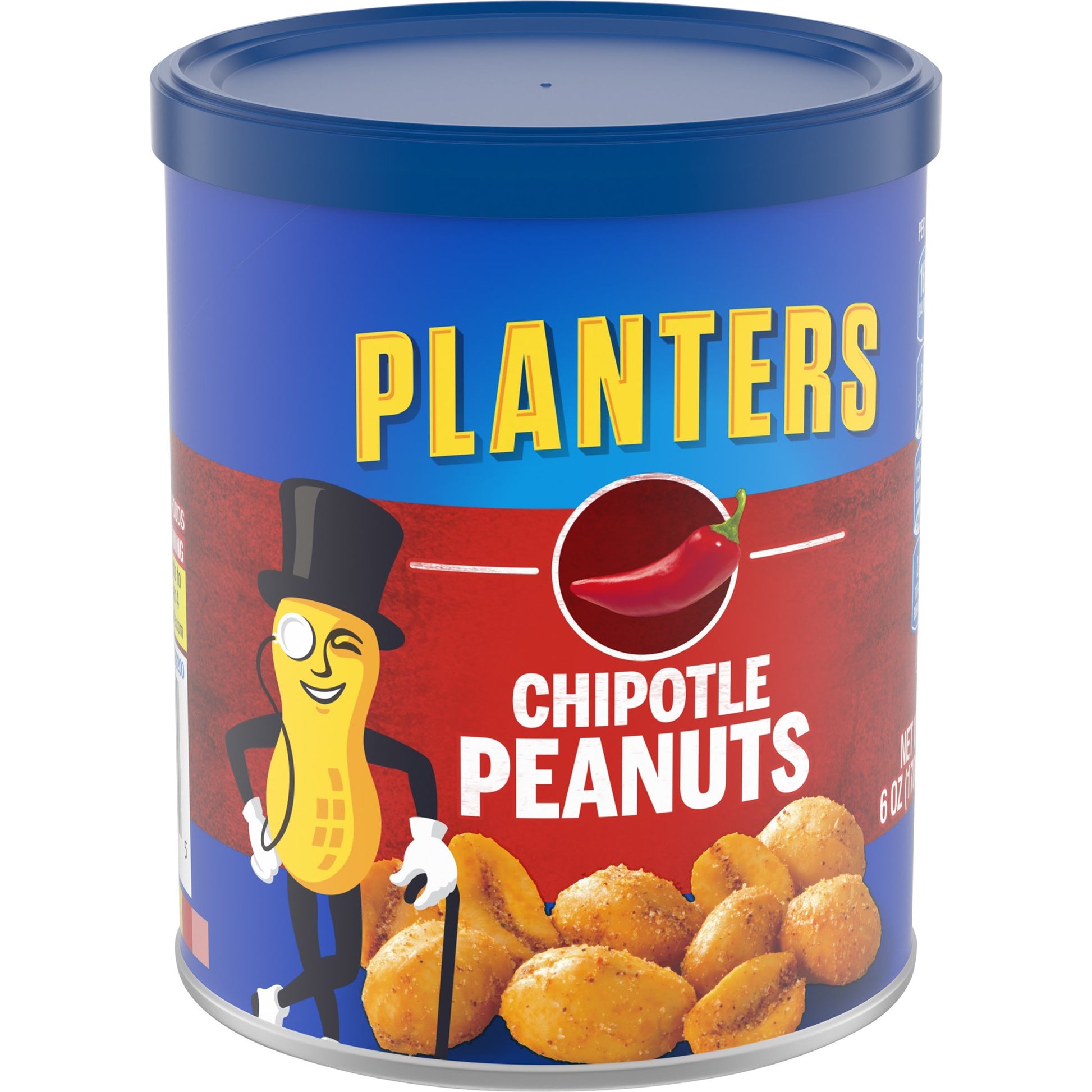 Planters Chipotle Peanuts are a satisfying snack when you crave flaming-hot flavor. Chipotle seasoning is the spicy ingredient that lends bold taste to these crunchy roasted nuts, while garlic, dried onion, dried tomato, salt and natural smoke flavor round out the intensity. Kosher-friendly and nutritio, this 6 ounce canister of peanuts has a resealable lid for freshness and is a convenient snack when you need a quick grab-and-go treat. These peppery roasted peanuts pair well with your favorite sparkling be