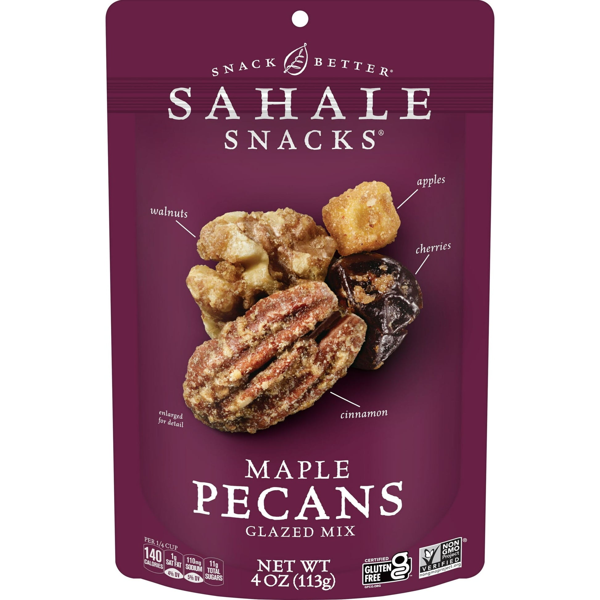 With its blend of warm, sweet flavors, Sahale Snacks Maple Pecans Glazed Mix perfectly captures the comforting essence of pecan pie. This delicious mix evokes the nostalgic flavors found in American baking traditions with its dry-roasted pecans and walnuts, apples, and cherries. A delicate maple cinnamon glaze holds all the ingredients together to ensure a perfect balance of flavors in every bite. Delicious straight out of the bag, this pecan mix also shines as an ingredient in your favorite recipes or as t