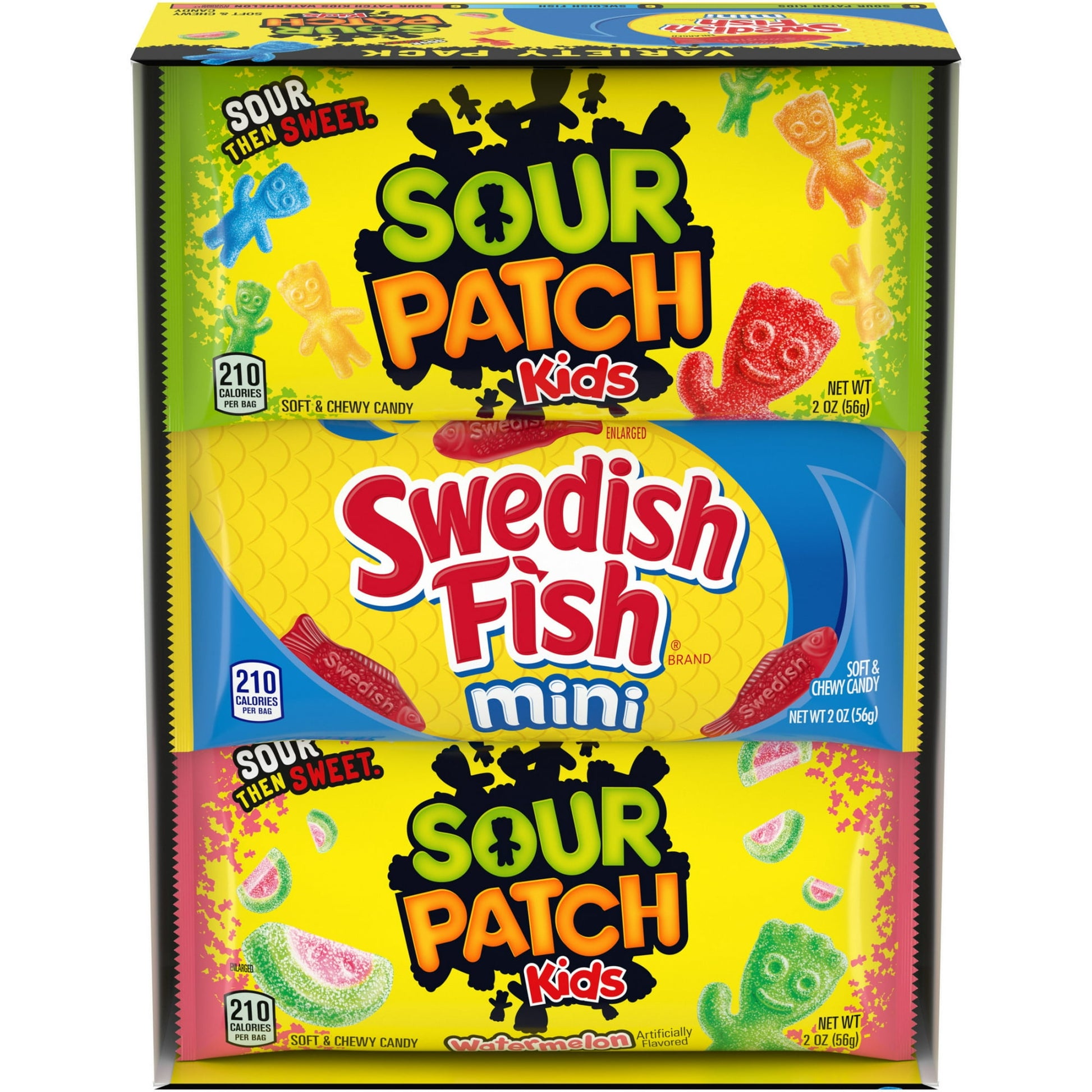 SOUR PATCH KIDS and SWEDISH FISH Mini Soft & Chewy Candy Variety Pack make for a tasty and playful snack experience. This variety package contains 18 bags of candy, including six SOUR PATCH KIDS Original Candy, six SOUR PATCH KIDS Watermelon Candy and six SWEDISH FISH Mini Candy. Each 2 oz bag of gummy snacks is the perfect size for stashing in purses, backpacks and lunchboxes for chewy snacks on-the-go.