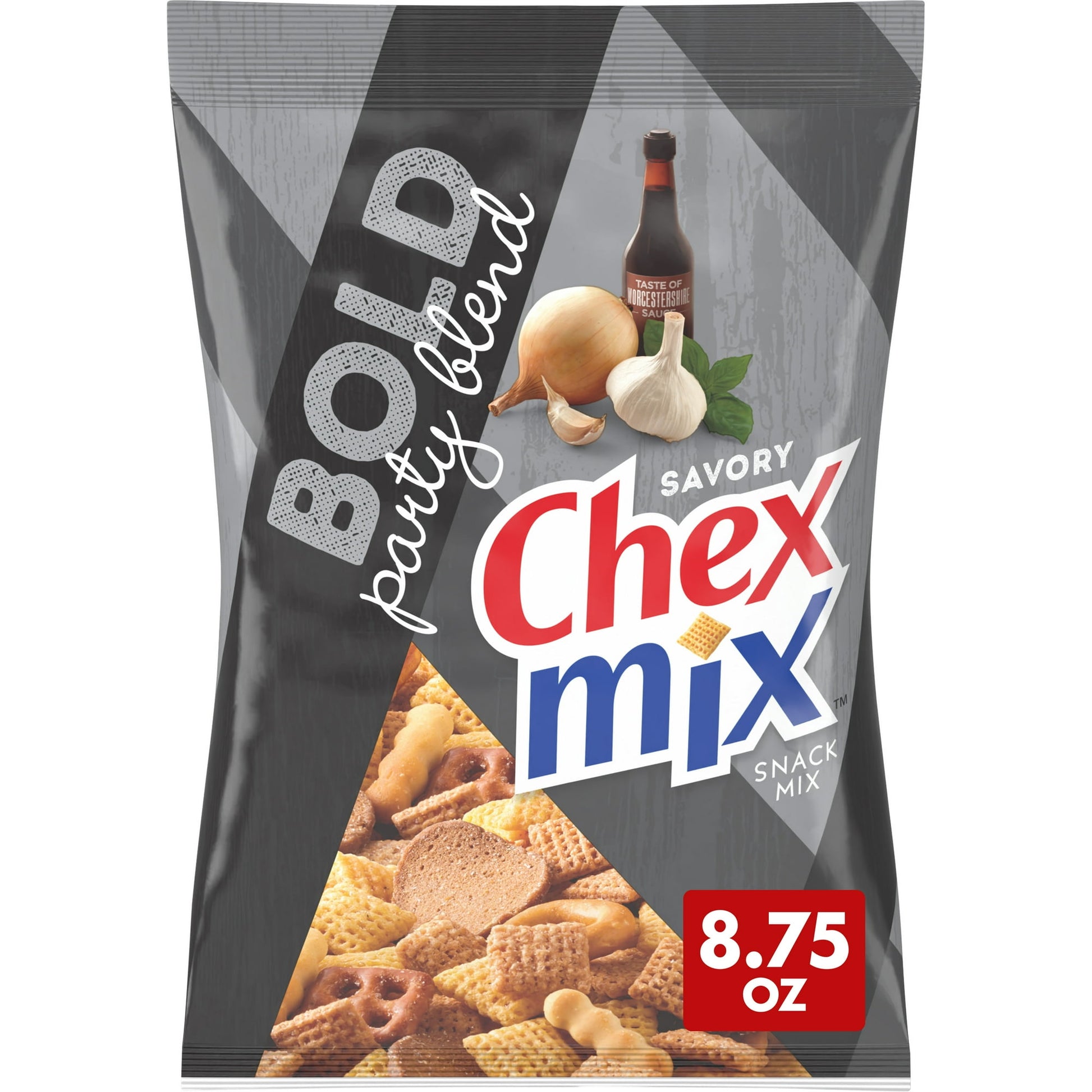 When it comes to snacking, go from bland to BOLD with Chex Mix Bold Party Blend Savory Snack Mix. This party mix gives you a deliciously unpredictable combination of shapes, tastes and textures with a spicy bold finish. With 60% less fat than regular potato chips, this snack mix makes a great choice for school snacks, travel foods and more.