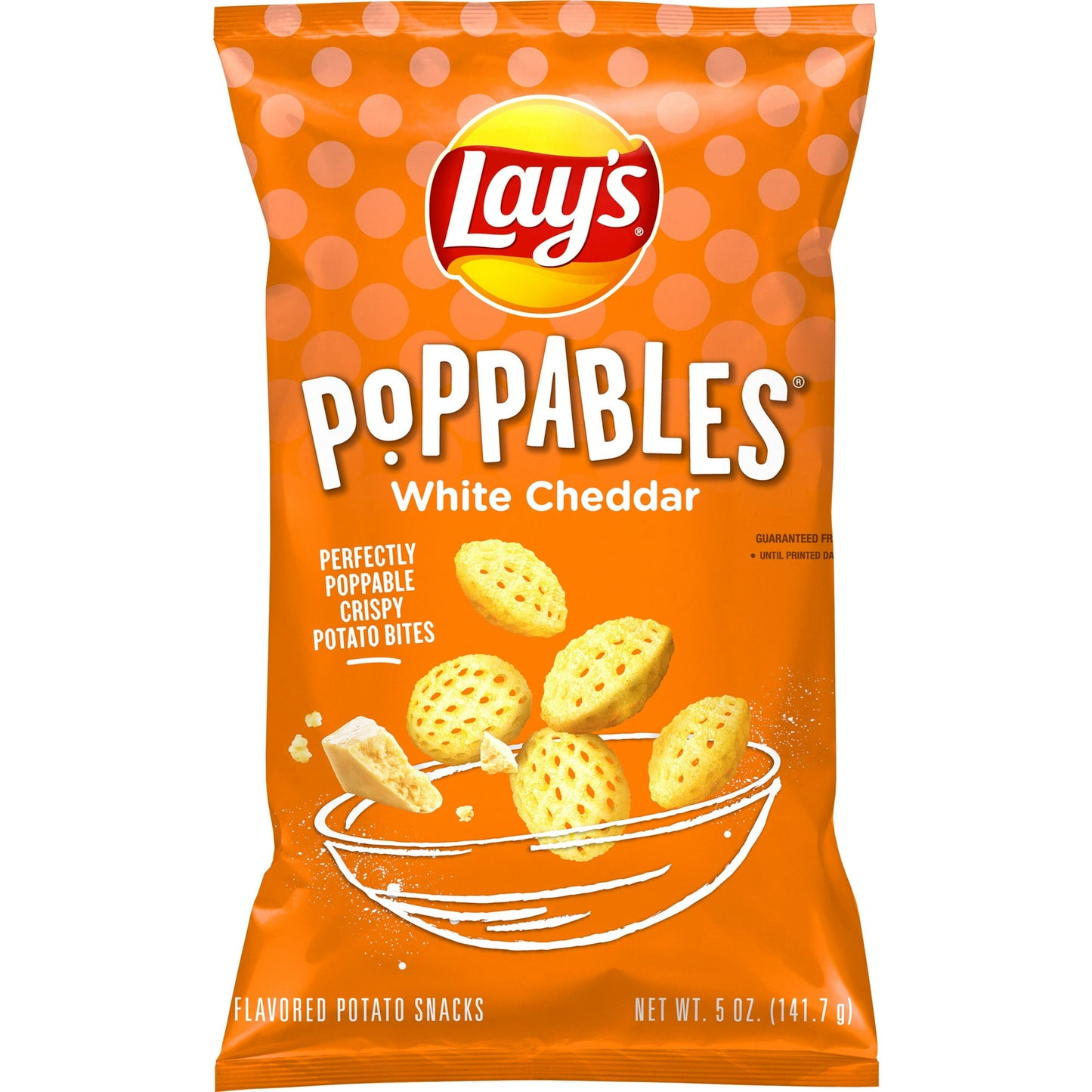 Discover Lay's Poppable's White Cheddar Flavored Potato Snacks. This 5 oz bag is packed with crispy, airy snacks that are full of tangy white cheddar flavor. Perfect for on-the-go, parties, or a savory treat. Enjoy the light crunch and delicious cheddar taste in every bite. Enjoy the Lay's Poppable's White Cheddar Flavored Potato Snacks in a 5 ounce bag. These crispy, airy snacks are packed with rich white cheddar flavor. Ideal for on-the-go, parties, or a tasty snack anytime. Each bite offers a light crunc