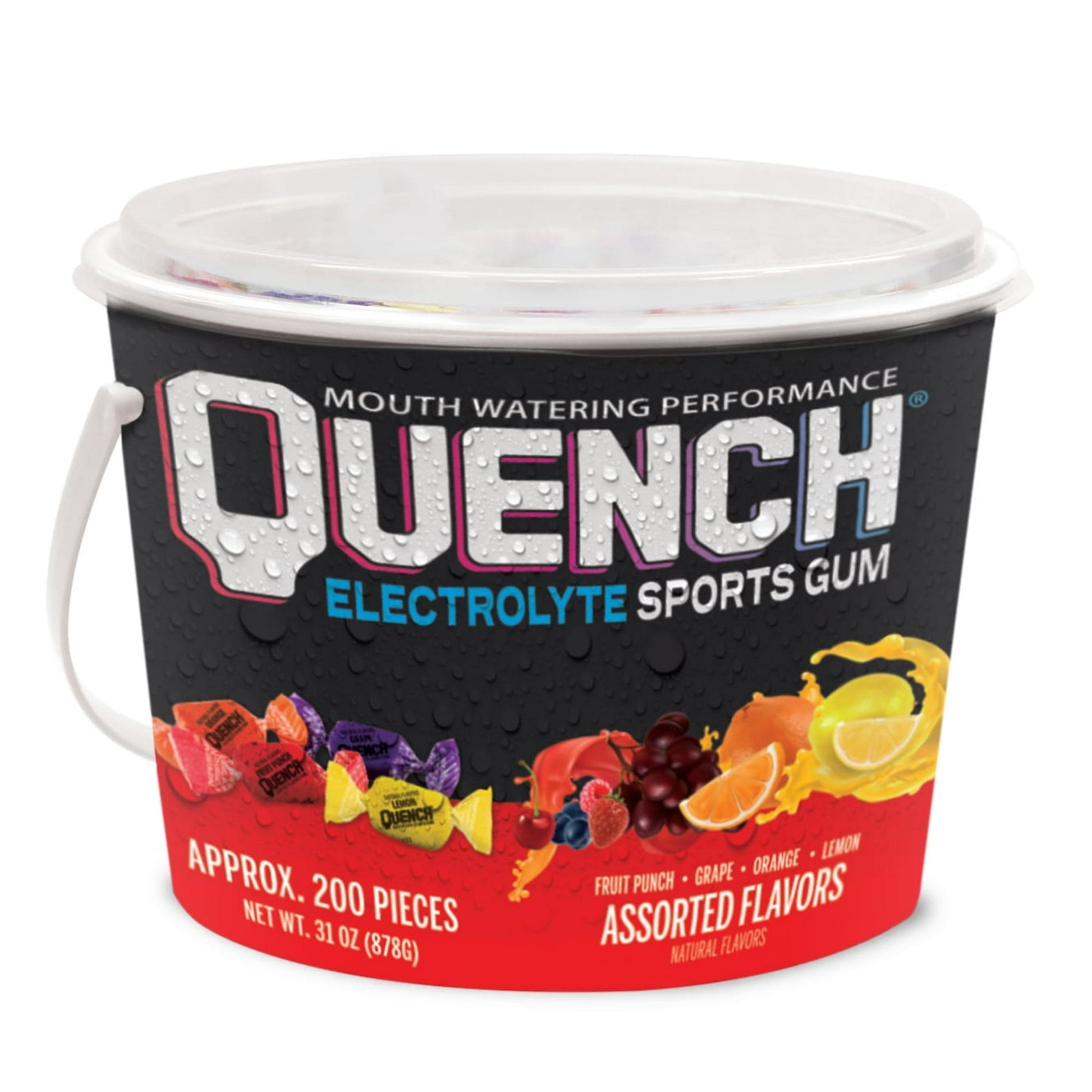 Quench Electrolyte Sports Gum relieves dry mouth and quenches your thirst. Dehydration can lead to dry mouth, compromise body function and negatively impact performance. Quench chewing gum contains electrolytes and a sour taste that makes your mouth water, ultimately quenching your thirst and keeping you in the game. A sports gum for kids and adults alike, Quench gum comes in multiple flavors. Choose between Fruit Punch, Grape, Orange and Lemon to find your new favorite. Variety bucket contains 200 pieces o