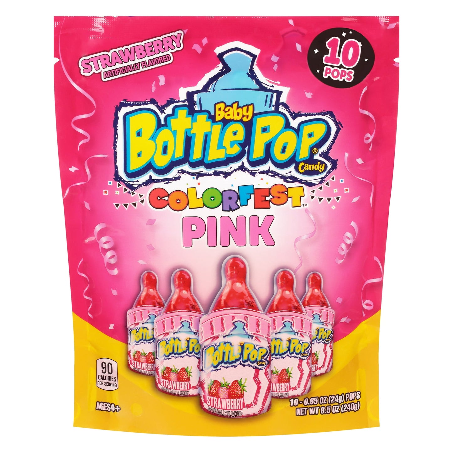 Baby Bottle Pop Colorfest Pink is the iconic silly, pink fruity lollipop with pink strawberry flavor-boosting candy powder that is perfect for blue-themed parties and celebrations! This fun baby bottle sucker and dipping powder is loved by kids, making the pink strawberry party pack perfect for sharing with your kids, family and friends. These shelf-stable treats are also great for kids' birthday parties, and any special occasion, especially baby showers and gender reveals! The unique baby bottle packaging 