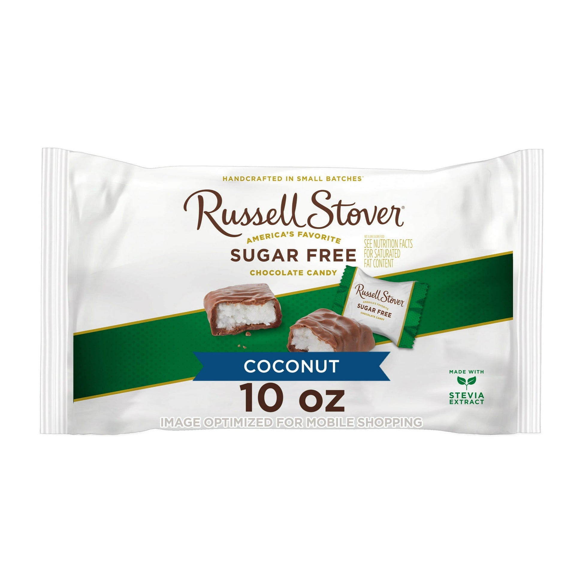 RUSSELL STOVER Sugar Free Coconut Chocolate Candy, 10 oz. bag, contains about 20 individually wrapped pieces of sweet coconut filling in creamy chocolate candy. Made with Stevia extract, a plant-based sweetener, these sweet coconutty bites deliver the sweetness you crave without any added sugar. Share them with friends and loved ones, gift them thoughtfully, or simply enjoy guilt-free snacking by filling up your candy bowl. Whether you're at home or on the go, these zero sugar candies are the perfect pick-m