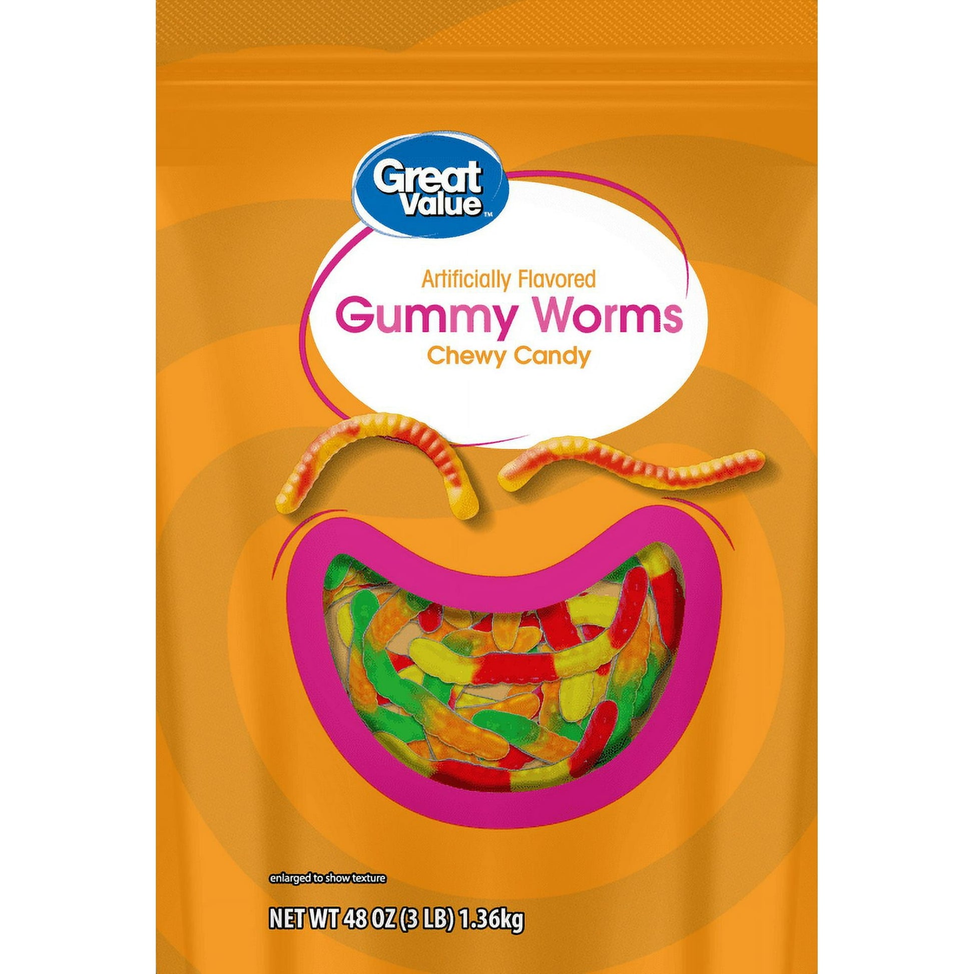 Great Value Gummy Worms Chewy Candy are a soft, chewy, yummy treat for all ages. You will enjoy playing with these fun creatures as much as you will enjoy eating them! Great for candy buffets, birthday parties, and as decorations for baked treats or ice cream, this 3-pound bag will have enough gummy worms for all your culinary creations. Don't feel bad when you give in to your sweet tooth -- our gummy snacks are only 100 calories per serving! You will love the chewy goodness of Great Value Gummy Worms Chewy