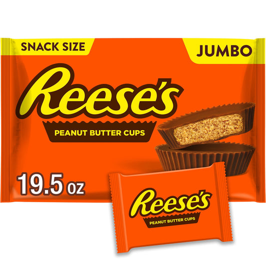 Name a more iconic duo. Everyone will wait... You can't beat this old fashioned, match made in heaven when it comes to creamy milk chocolate candy combined with delicious peanut butter. Get ready to taste perfection! REESE'S milk chocolate peanut butter snack size cups are ready to be your go-to snack. Bring this jumbo bag along to the next sporting event, as movie marathon snacks or game night prizes. Store them in your pantry for an anytime snack or slip some into lunch boxes and purses for a midday surpr