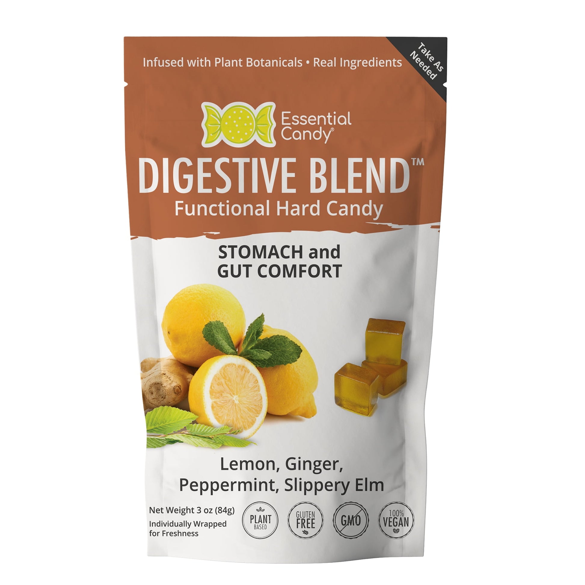 Digestive Blend™ Functional Hard Candy: Gentle Support for Digestive Wellness Our Digestive Blend™ Functional Hard Candy offers natural support for your digestive system. Made with organic ingredients, each candy contains lemon, ginger, peppermint, and slippery elm to help maintain stomach and gut support. This blend is ideal for soothing discomfort during travel or when you feel the onset of tummy troubles. The candies are gluten-free, non-GMO, vegan, and soy-free, with no artificial flavors, colors, sweet