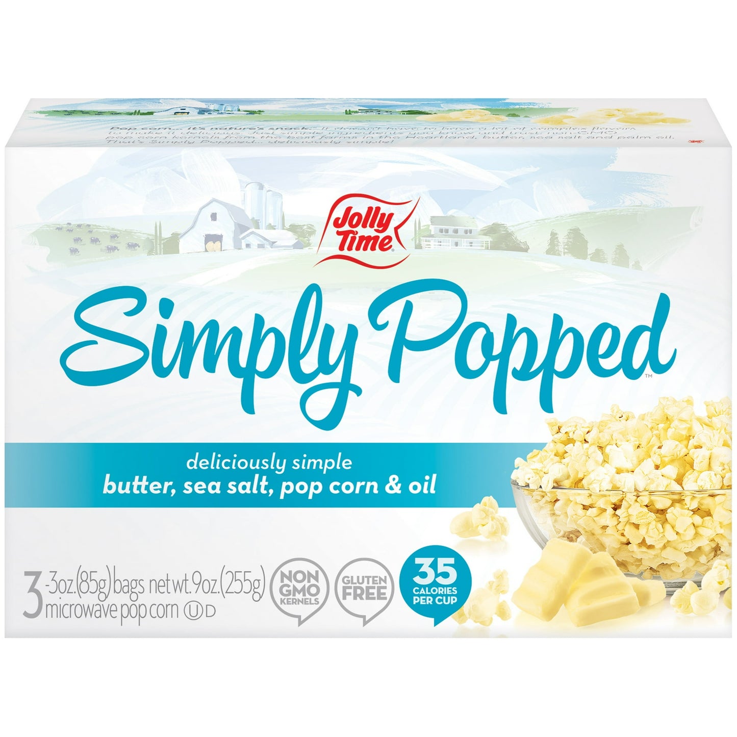 Brand new from JOLLY TIME Pop Corn! This deliciously simple microwave popcorn contains just 4 ingredients... just clarified butter (also known as ghee), sea salt, popcorn and palm oil. This healthy snack has 0 trans fat, 0 grams of sugar and is only 35 calories per cup of popped popcorn! Plus it is gluten-free and made with Non-GMO kernels. Each box of Simply Popped Shelf-Stable Microwave Popcorn contains three (3 oz.) regular-sized microwave popcorn bags. New, Consumable, Shelf-Stable Microwave Popcorn.