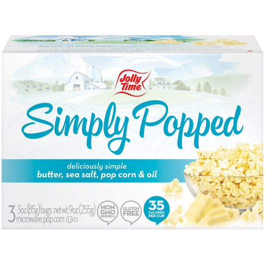 Brand new from JOLLY TIME Pop Corn! This deliciously simple microwave popcorn contains just 4 ingredients... just clarified butter (also known as ghee), sea salt, popcorn and palm oil. This healthy snack has 0 trans fat, 0 grams of sugar and is only 35 calories per cup of popped popcorn! Plus it is gluten-free and made with Non-GMO kernels. Each box of Simply Popped Shelf-Stable Microwave Popcorn contains three (3 oz.) regular-sized microwave popcorn bags. New, Consumable, Shelf-Stable Microwave Popcorn.