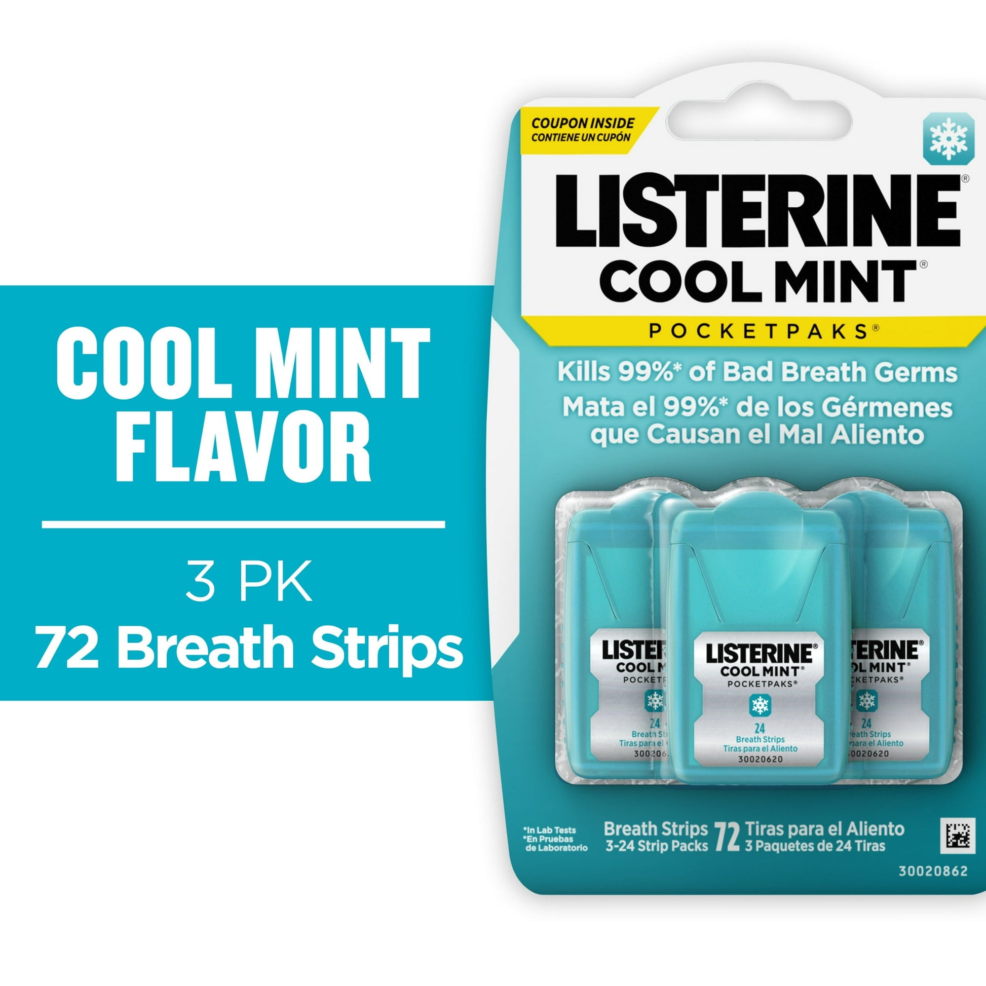 Refresh your bad breath with Listerine Cool Mint PocketPaks Fresh Breath Strips for bad breath. These refreshing mint breath strips dissolve instantly, killing 99 percent of germs that cause bad breath.* Conveniently portable to freshen breath on-the-go, slip your pack into your purse or pocket, so you can easily get fresh breath and kill bad breath germs after your morning coffee or before an important meeting or date. Each fresh breath strip has a refreshing Cool Mint flavor to leave your mouth feeling cl