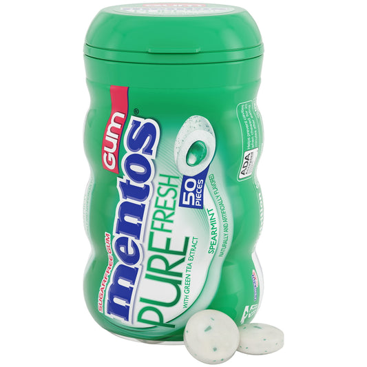 Have a fresh day with Mentos Pure Fresh, Spearmint flavored chewing gum. Each regular size piece of this sugar-free, Spearmint flavored gum gives you a blast of fresh flavor that lasts chew after chew. Mentos curvy bottle is perfect to keep at your desk, in your car, at home or anywhere you may want some freshness! With 50 pieces per bottle, make fresh connections by sharing or keep all the freshness to yourself.