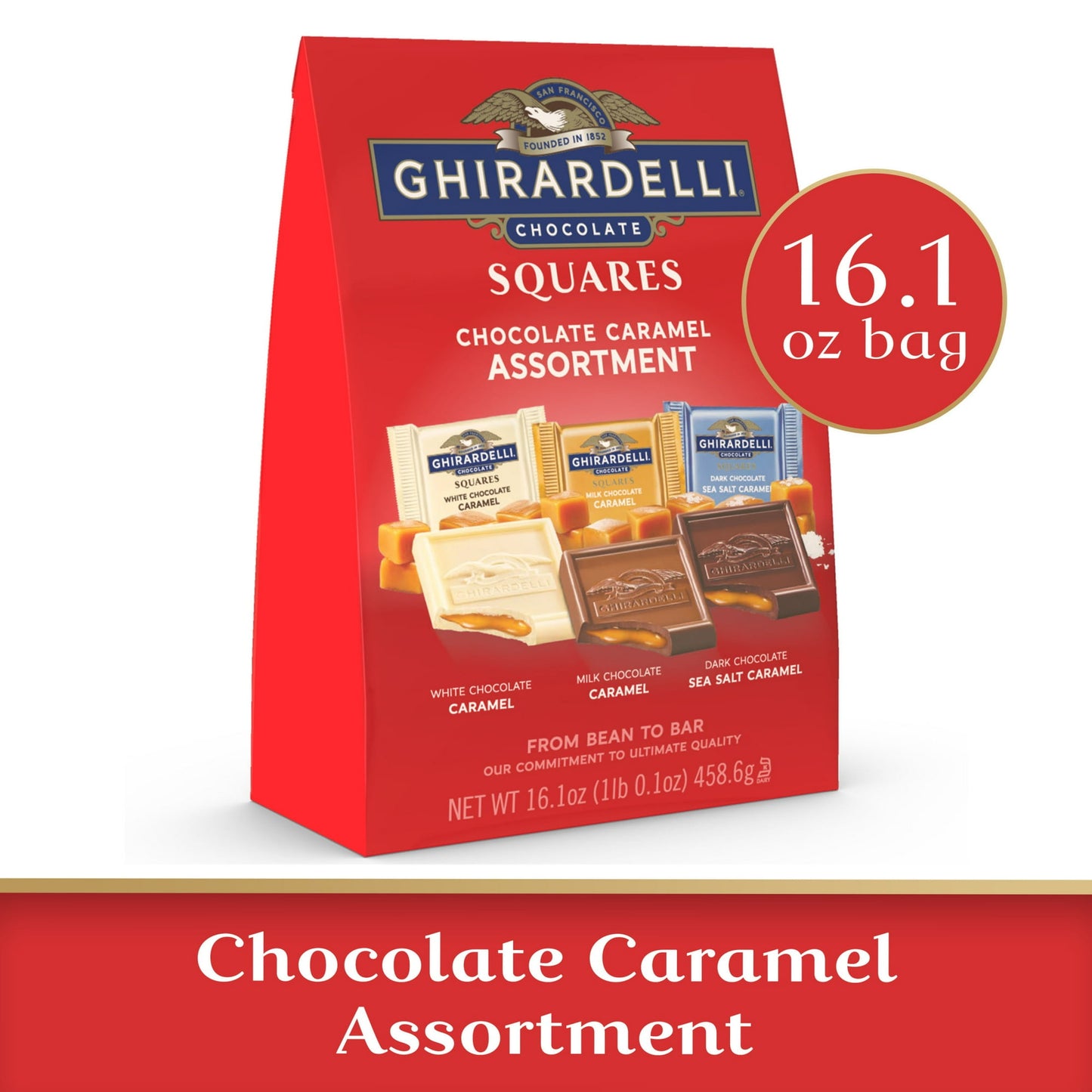 Experience luscious, buttery caramel flavors in this assortment of our rich, indulgent chocolate. This bag of individually wrapped candy SQUARES is perfect for gifting, entertaining and personal enjoyment. There's a chocolate in this collection for everyone, whether you crave rich, indulgent milk chocolate, slow-melting dark chocolate or decadent white chocolate. A variety of flavors that caramel lovers will crave! GHIRARDELLI chocolate SQUARES are individually wrapped, making them ideal to tuck in purses, 