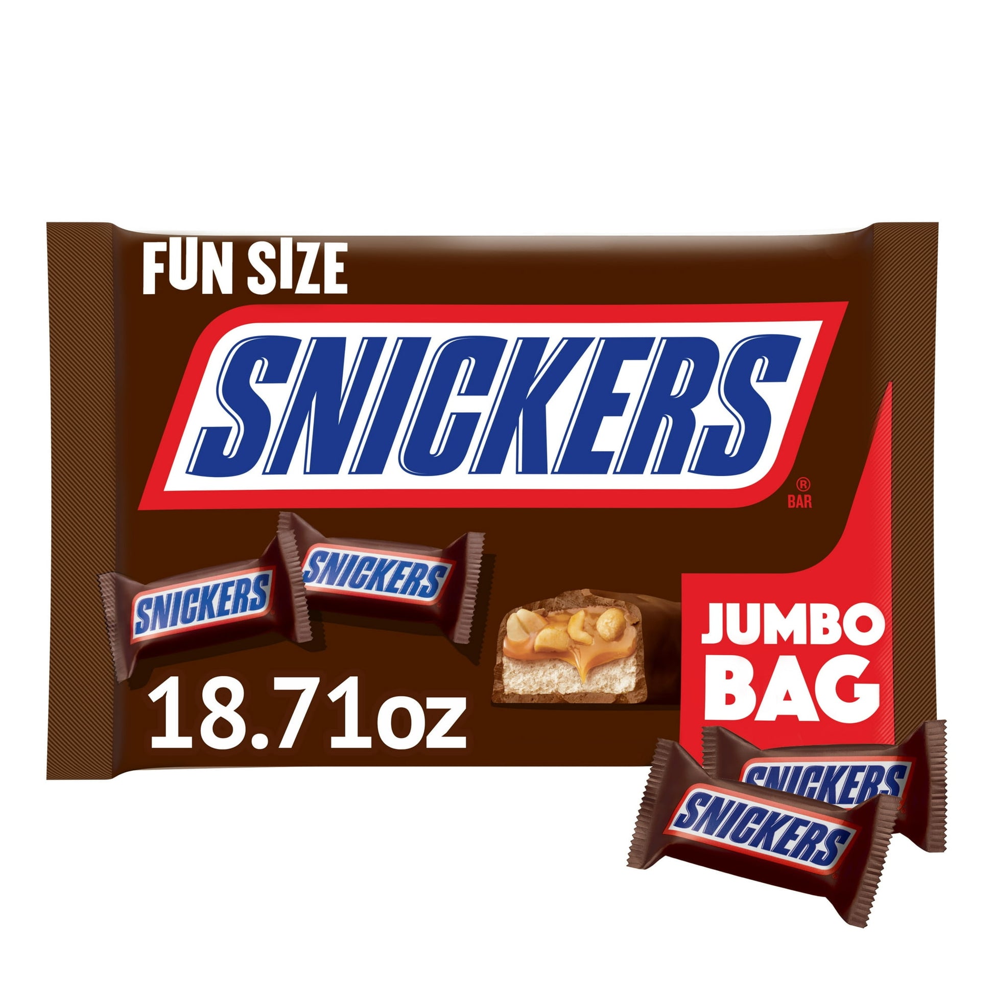 Unsatisfied? Maybe you just need a SNICKERS. Packed with roasted peanuts, caramel, and nougat covered in milk chocolate, SNICKERS candy bars make your day go from "Meh" to "Satisfying" in just one bite. Individually wrapped Fun Size chocolate bars are ideal for keeping the pantry stocked for movie night with the family and for small celebrations with friends. These satisfying candy bars make great on-the-go treats. Pack them in lunches or take them along on family road trips to enjoy peanut-packed chocolate