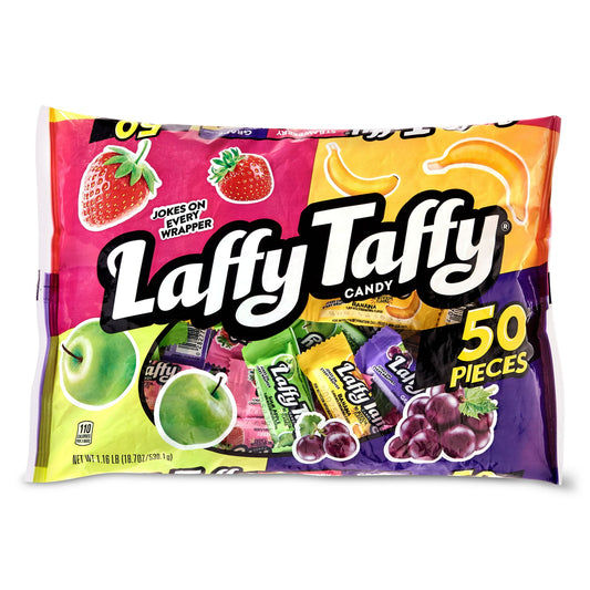 Deliciously stretchy, LAFFY TAFFY is known for its authentic long-lasting fruit flavors, chewy texture, and whimsical jokes on every wrapper. LAFFY TAFFY assorted flavor bag tantalizes the taste buds with classic LAFFY TAFFY assorted flavors in perfectly portioned candies. With 50 pieces of taffy in flavors such as strawberry, banana, green apple, and grape, these mini bars are perfect for offices, parties, handing out as party favors, or just snacking at home. With so many flavors, there's a joke and a cur