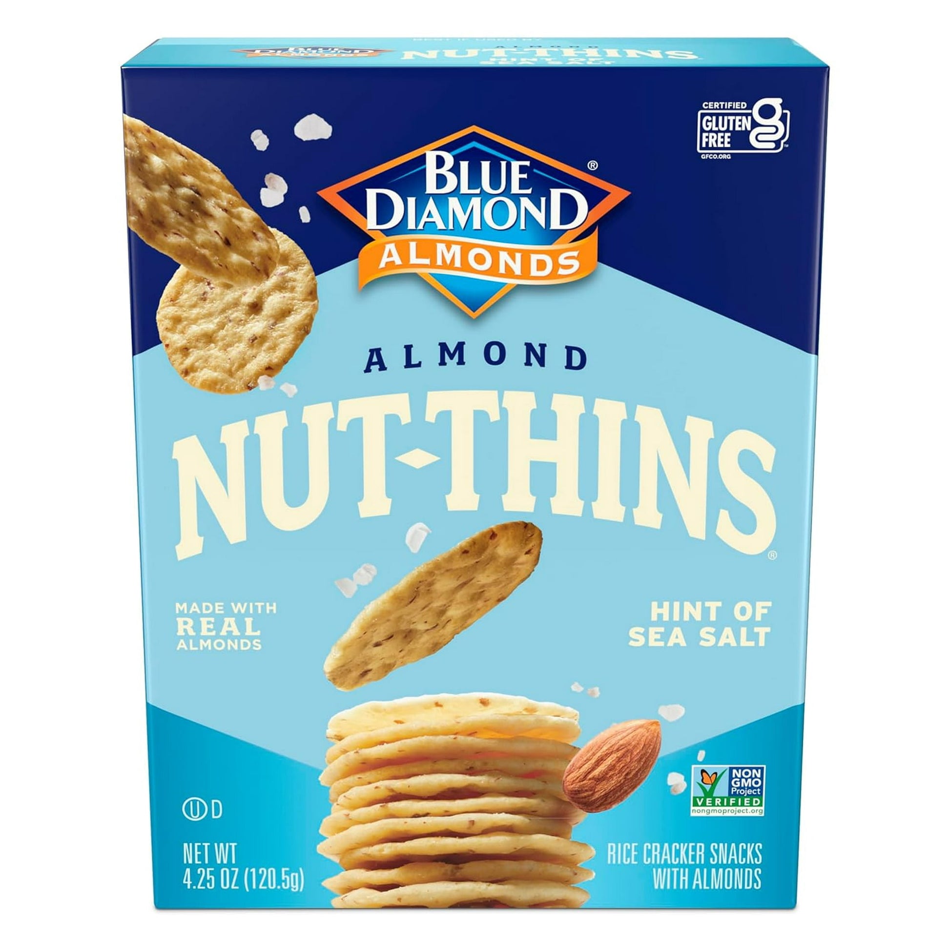 These crunchy crackers get their fantastic crunch from Blue Diamond California almonds, ripened in the sunshine and roasted to perfection. The gluten free cracker snacks are made with rice flour, offering a delicious alternative to wheat flour-based biscuits. They contain no cholesterol, saturated fat or trans fats, with 3g of protein per serving. The low sodium snacks are just 130 calories per serving, for guilt free enjoyment.