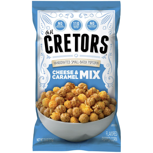 G.H. CRETORS POPPED CORN, THE MIX IS A DELICIOUS, MOUTH-WATERING COMBINATION OF BUTTERY CARAMEL CORN AND REAL CHEDDAR CHEESE CORN. GO AHEAD AND SNACK ON THIS GLUTEN-FREE, KOSHER AND NON-GMO POPCORN. WITH NO ARTIFICIAL COLORS OR FLAVORS, YOU’LL BE ABLE TO SEE AND TASTE THE GOODNESS OF THIS DELICIOUS MIX. EACH BAG OF G.H. CRETORS POPPED CORN, THE MIX CONTAINS 7.5 OZ. OF PRODUCT.