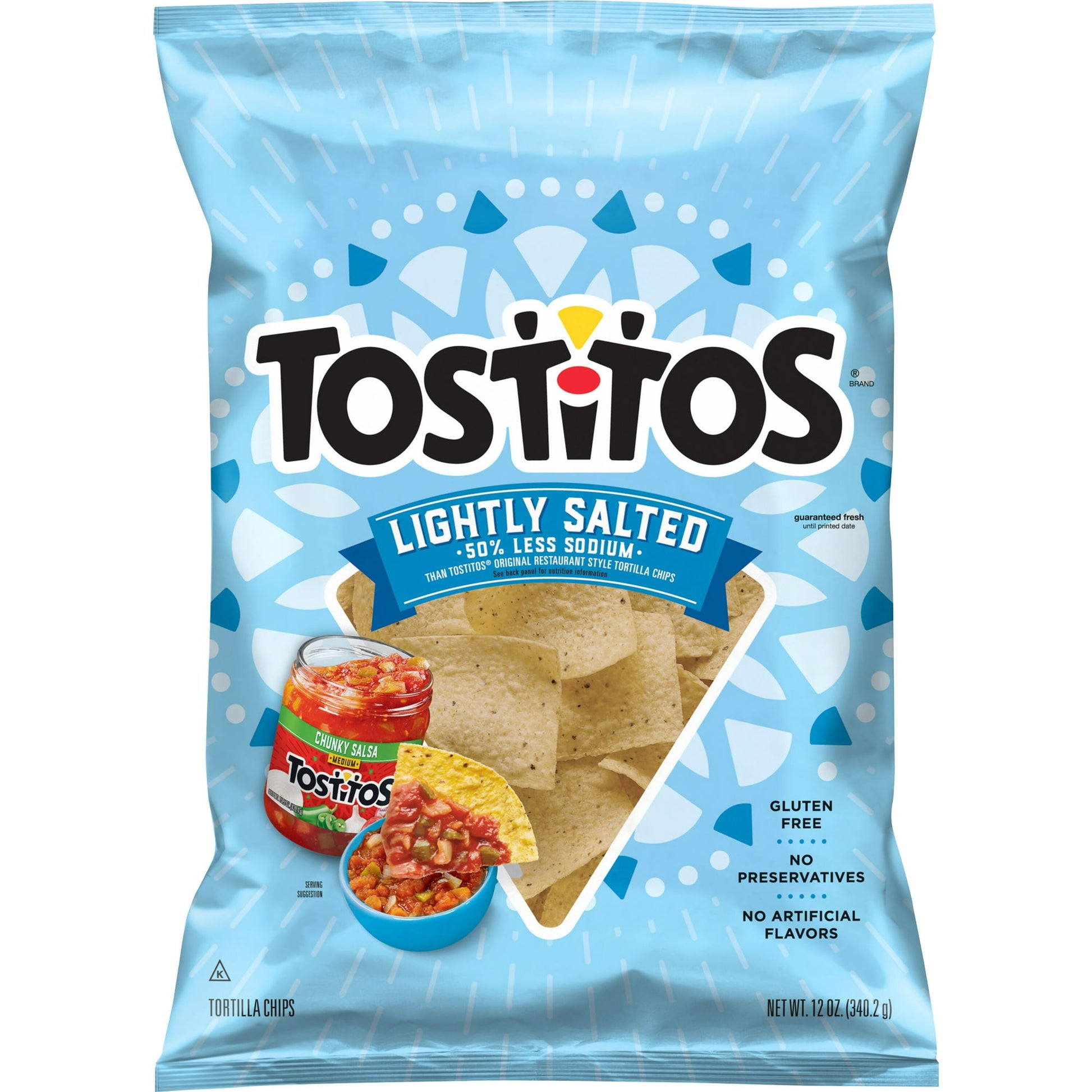 Full of taste, half the sodium. Contains 50% less sodium than TOSTITOS Original Restaurant Style Tortilla Chips.