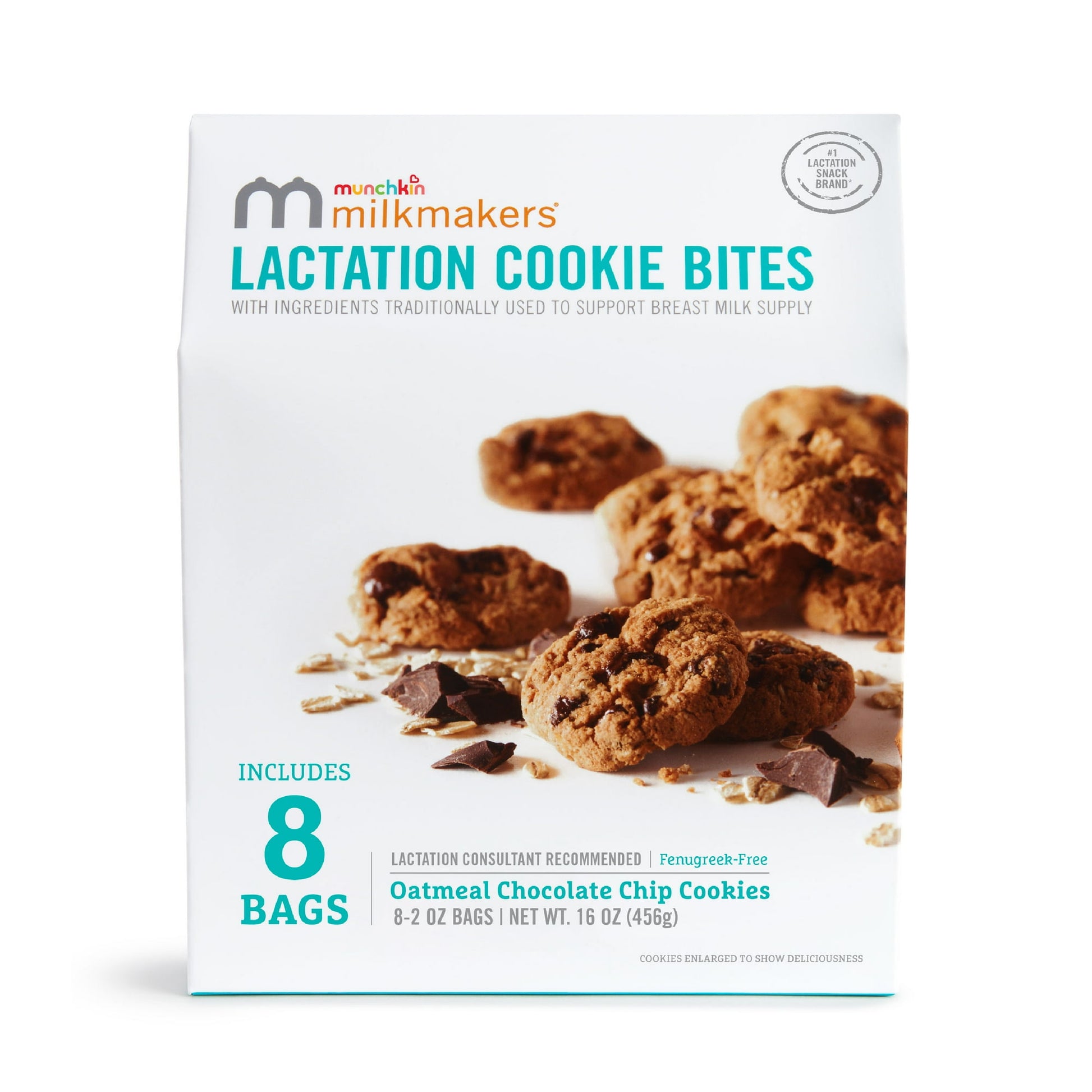 Take a bite out of your day and enjoy Munchkin Milkmakers® Oatmeal Chocolate Chip Cookie Bites! Each bag is filled with tasty, bite-size cookies packed with ingredients traditionally used to support breast milk supply. The on-the-go pouches conveniently fit into your busy breastfeeding life. Milkmakers® lactation cookies are seriously delicious and nutritious. Bring on the milk!™ OATS Not only are oats a delicious comfort food, they are also a nutritional powerhouse, providing whole grains, fiber, iron, and