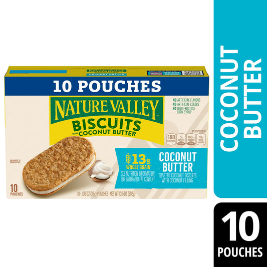 Crispy. Creamy. Gone. Nature Valley Whole Grain Coconut Butter Biscuit Sandwiches are made with whole grain oats and have a coconut butter filling for a convenient and delicious on-the-go snack. Make Nature Valley Biscuit Sandwiches your go-to for an easy breakfast food or anytime bite. They contain no high fructose corn syrup and no artificial flavors.Pack portable snack pouches for lunch box treats, the hiking trail or road trip snacks.Or enjoy them as part of an afternoon break. At Nature Valley, we beli