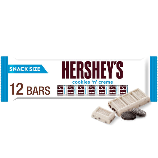 Looking for a twist on a classic candy bar? Look no further! HERSHEY'S Cookies 'n' Creme candy bars make life more delicious! Use this pack to stock your pantry or opt to share a bar with friends, family and everyone you love. These snack size, kosher certified, individually wrapped candy bars offer a twist on the classic HERSHEY'S bar, and they're the perfect treat for countless special and everyday occasions. Enjoy a smooth white creme base combined with crunchy chocolate cookie pieces. It's a sweet treat