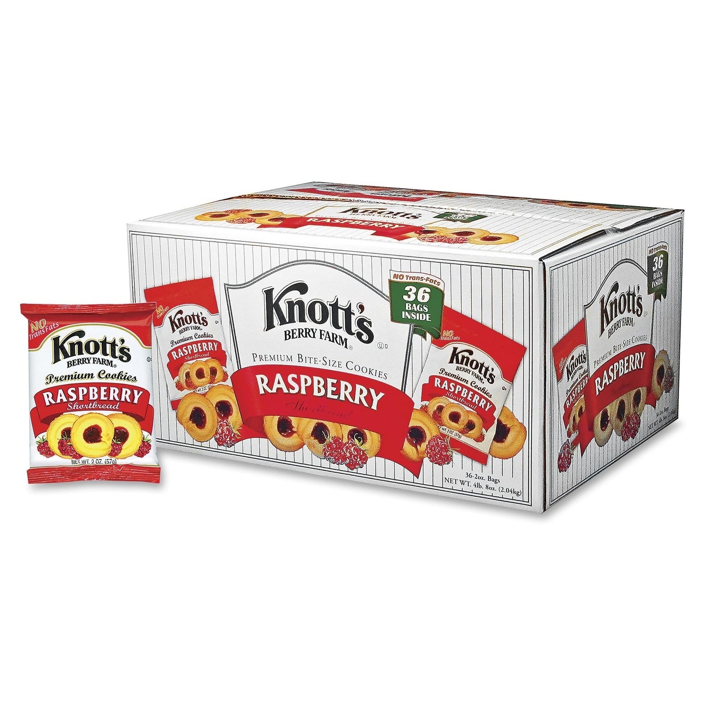 Knott's Raspberry Cookies come in convenient, 2 oz. packs for snacking on the go or at your desk. Delicious, premium bite-sized cookies are a delightful combination of shortbread and raspberry filling.