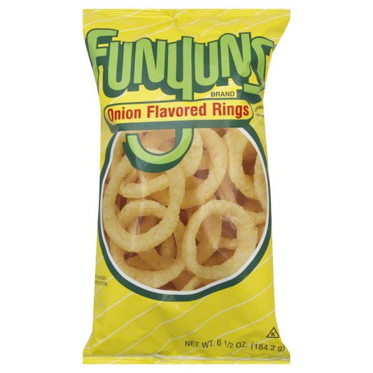 Onion Flavored Rings 6.5 oz (184.2 g) Guaranteed fresh. A deliciously different snack that's fun! For a change of pace that's fun and deliciously different - Funyuns brand Onion Flavored Rings are the snack. Funyuns brand Onion Flavored Rings crunch with the zesty flavor of onion coupled with the crispy texture and shape of an onion ring. Enjoy Funyuns brand Onion Flavored Rings great taste with your favorite foods. Funyuns brand Onion Flavored Rings are a fun snack that you and your family can eat anywhere