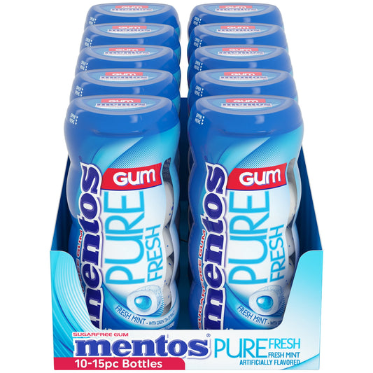 Box of 10 Bottles of Mentos Pure Fresh Gum 15 gum pieces per bottle Fresh Mint flavored gum