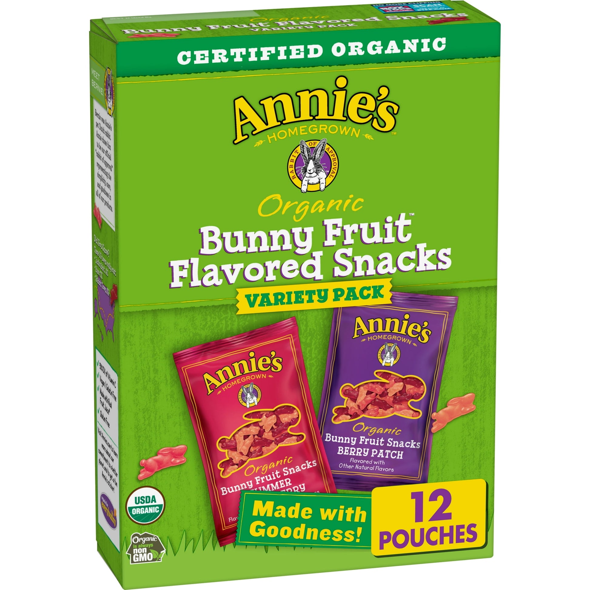 Annie's Organic Bunny Fruit-Flavored Snacks are equal parts adorable and delicious! Each fruit-flavored snack packs bold fruit flavors into cute, bunny-shaped gummies. This variety pack includes six Berry Patch and six Summer Strawberry pouches. The best part? These gluten-free gummies are made with certified organic ingredients for ultimate wholesome yumminess. Plus, they are made with real fruit juice.* Everybunny in your family can enjoy the fruity flavors of Annie's tasty fruit-flavored snacks. *These f