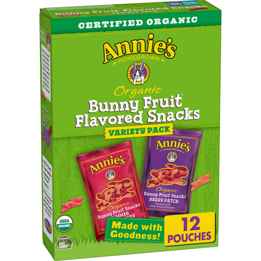 Annie's Organic Bunny Fruit-Flavored Snacks are equal parts adorable and delicious! Each fruit-flavored snack packs bold fruit flavors into cute, bunny-shaped gummies. This variety pack includes six Berry Patch and six Summer Strawberry pouches. The best part? These gluten-free gummies are made with certified organic ingredients for ultimate wholesome yumminess. Plus, they are made with real fruit juice.* Everybunny in your family can enjoy the fruity flavors of Annie's tasty fruit-flavored snacks. *These f