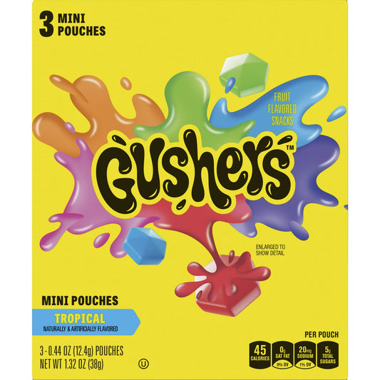 Gushers are bursting with fun! Gushers have a juicy center that bursts open with delicious fruity flavored liquid. Enjoy delicious Gushers Fruit Flavored Snacks, filled with Tropical flavors. These individually wrapped snack bags are the perfect treat to include in a packed school lunch box. These tasty gummy treats are made without gluten, gelatin, or artificial flavors and contains vitamin C for snacks you can feel great about. These bulk Fruit Flavored Snacks are the perfect addition to your pantry and a